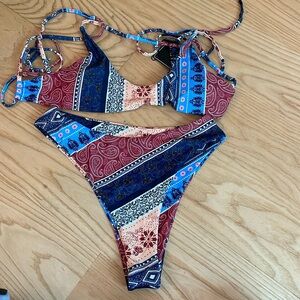Zaful Mixed Paisley & Stripe Bikini in Blue, Burgundy and Cream